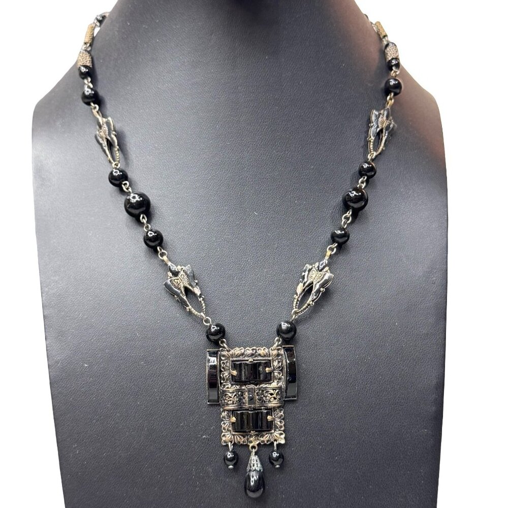 Antique Art Deco Black Onyx Beaded Necklace Pearl Marcasite Pendant Filigree 17”